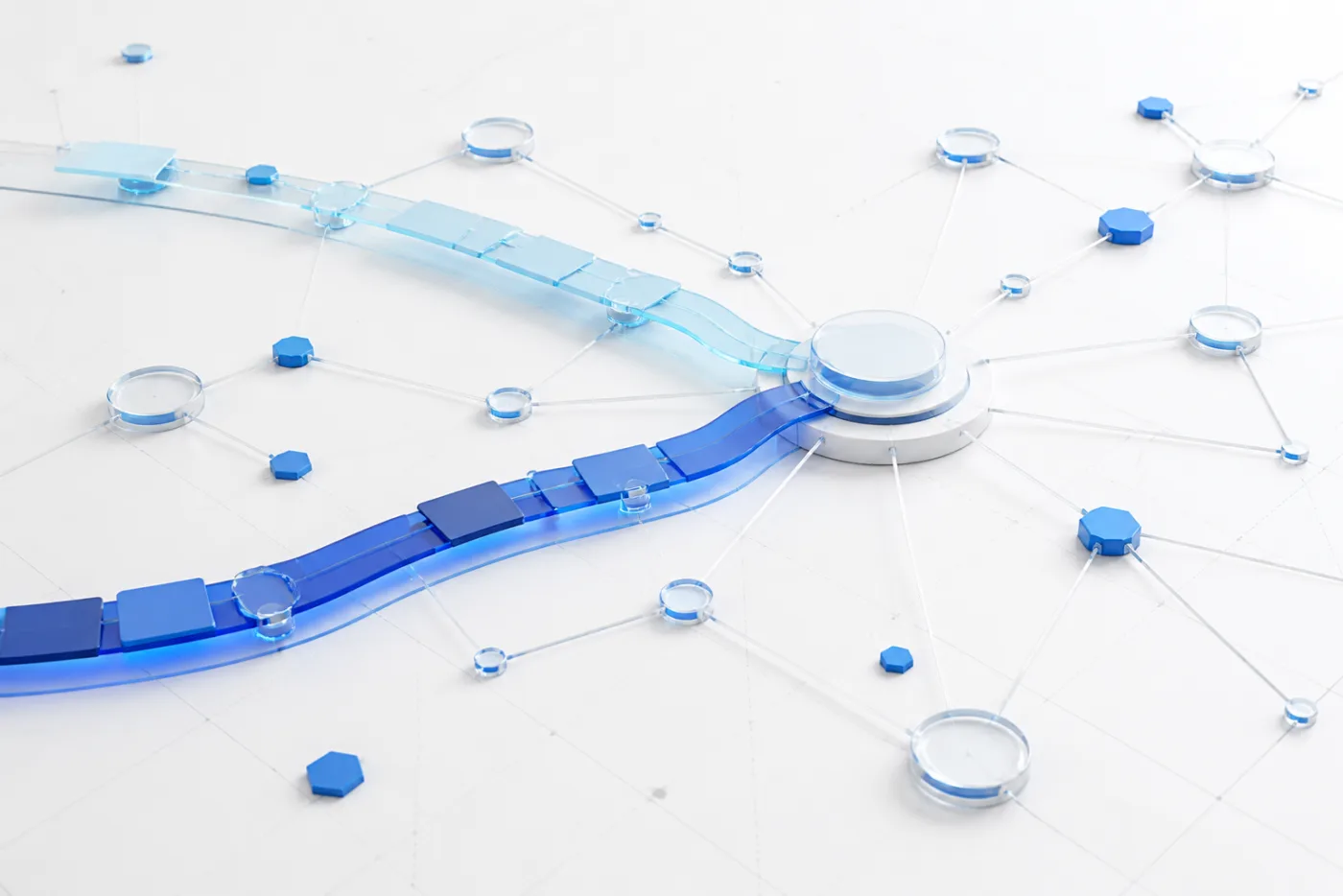 Abstract connected software network in blue and white